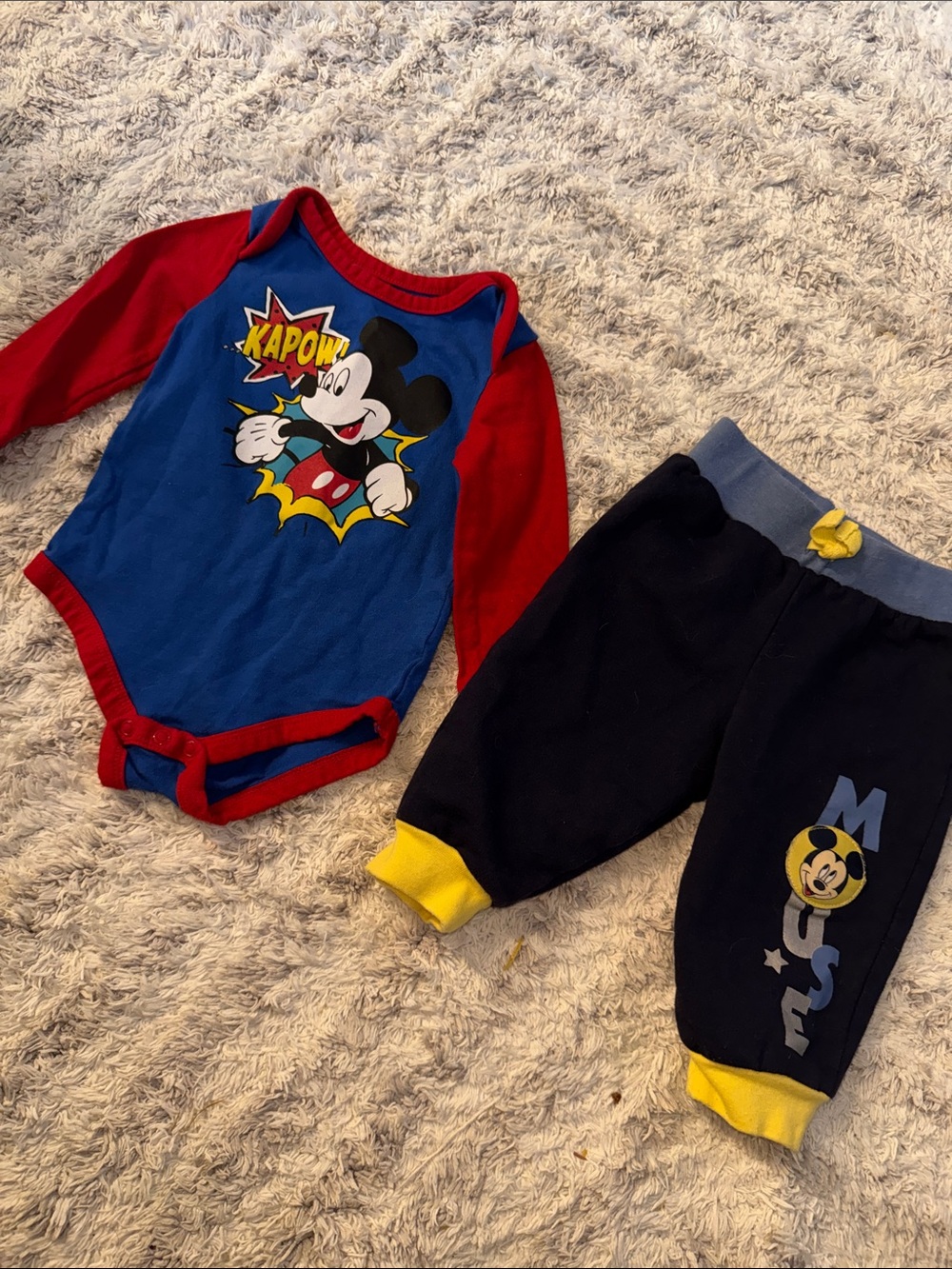3-6m vintage Mickey Mouse Blue & Red Kapow One-Piece with Navy Pants
